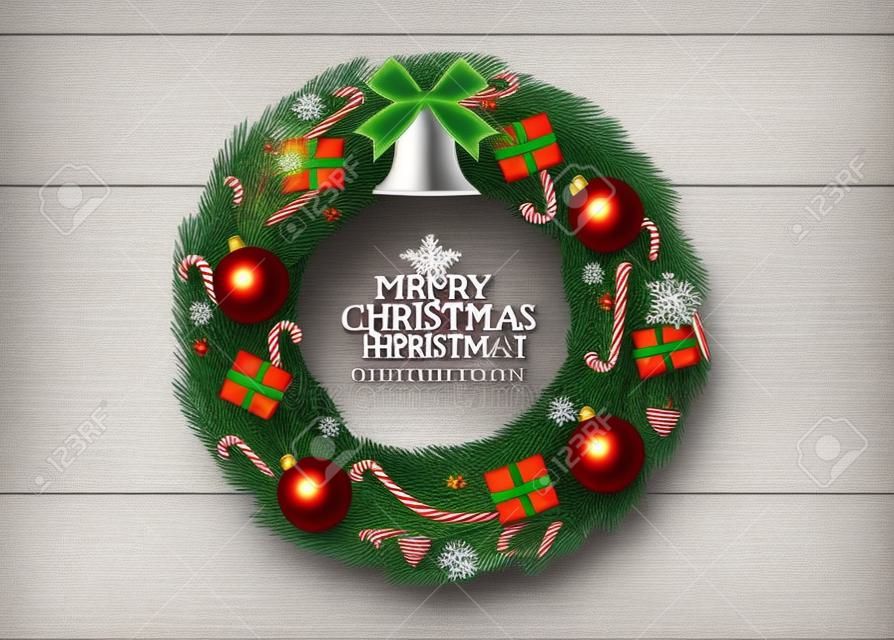 크리스마스 화환 벡터 컨셉 디자인입니다. 휴일 인사말 장식을 위한 종소리, 공, 선물 xmas 요소가 있는 나무 배경의 메리 크리스마스 텍스트입니다. 벡터 일러스트 레이 션.