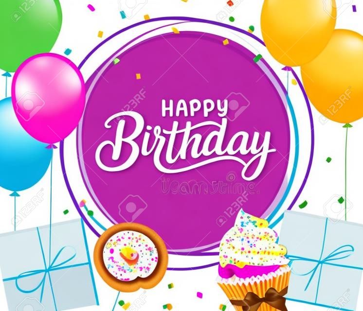 생일 인사말 벡터 템플릿 디자인입니다. 생일 메시지를 위한 풍선, 선물, 컵 케이크 축하 요소가 있는 원 공간의 생일 축하 문자입니다. 벡터 일러스트 레이 션.