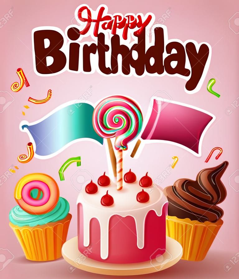 Diseño de concepto vectorial de postres de cumpleaños. texto de feliz cumpleaños con pastel, pastel de taza, piruleta y elemento de regalos para la decoración de la fiesta de dulces del día de nacimiento. ilustración vectorial
