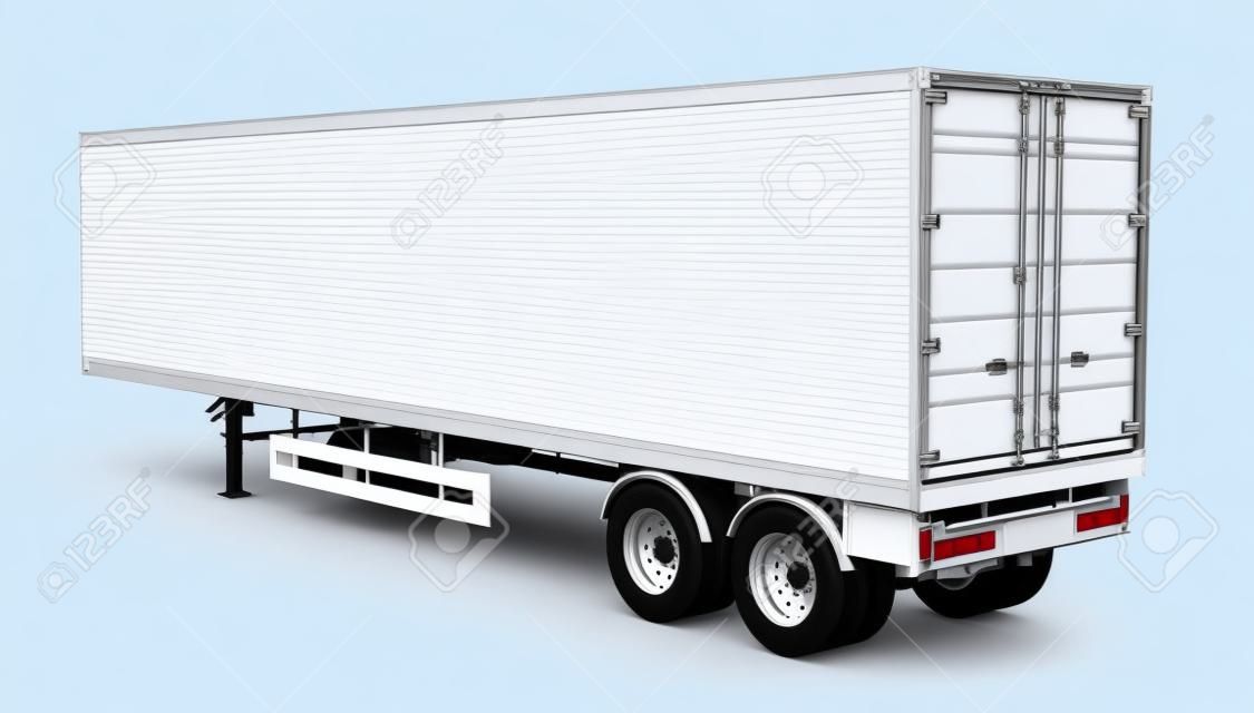 Blank white parked semi trailer, isolated on white background
