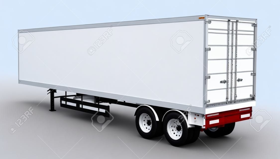 Blank white parked semi trailer, isolated on white background