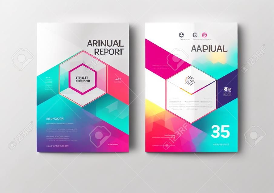 Cover Design Vorlage, Jahresbericht Cover, Flyer, Präsentation, Broschüre. Layout-Vorlage für das Design der Titelseite mit Beschnitt im Format A4. Mehrere Farben mit abstrakten Hintergrundvorlagen.