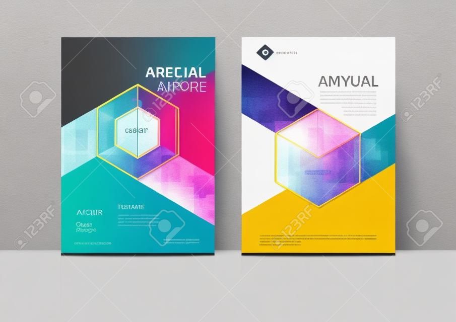Cover Design Vorlage, Jahresbericht Cover, Flyer, Präsentation, Broschüre. Layout-Vorlage für das Design der Titelseite mit Beschnitt im Format A4. Mehrere Farben mit abstrakten Hintergrundvorlagen.