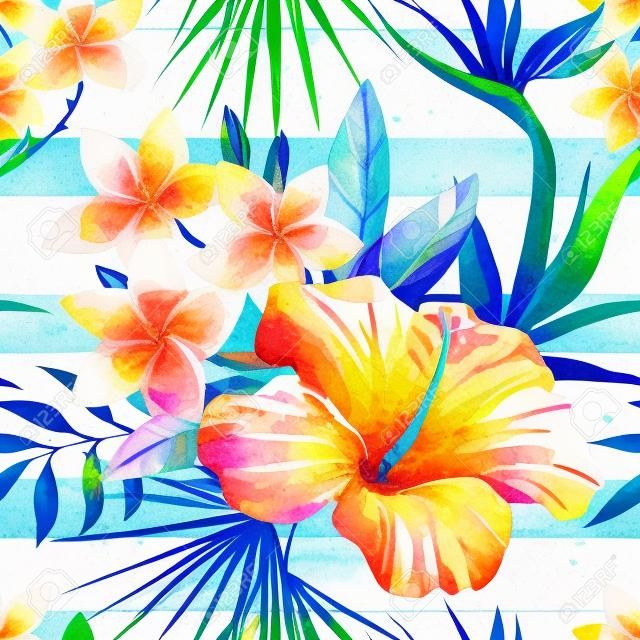 Mooi patroon met mooie tropische aquarel aquarel bloemen en papegaai