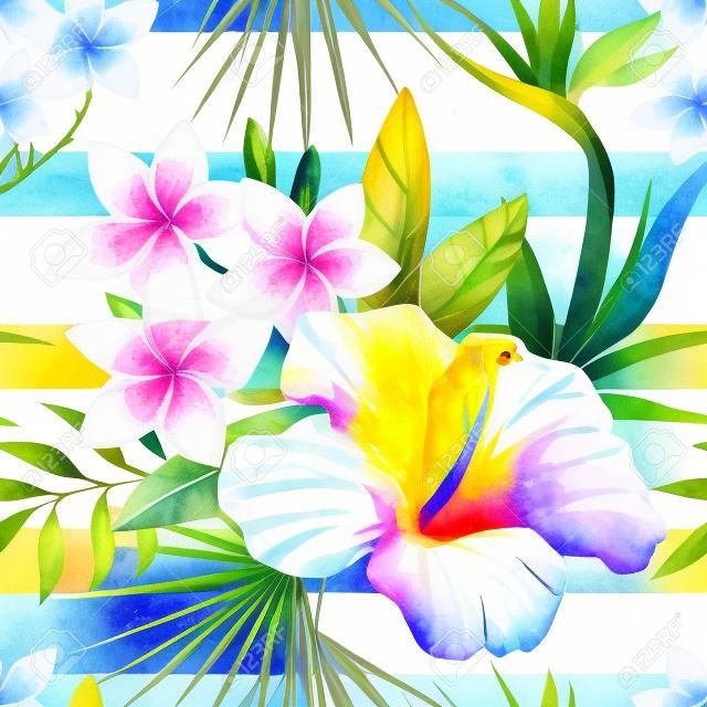 Beau motif avec de belles fleurs et perroquet aquarelle aquarelle tropicales
