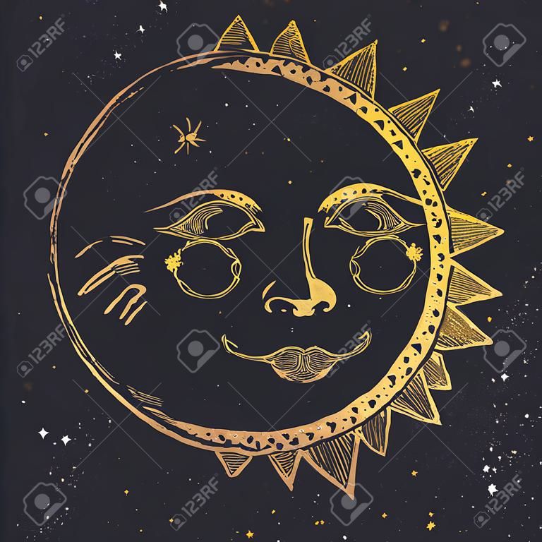 Gyönyörű kép szép kézzel rajzolt Nap és a Hold kapcsolata