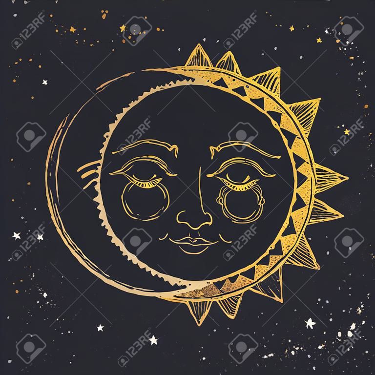 Piękny obraz z ładną, ręcznie rysowaną relacją słońca i księżyca