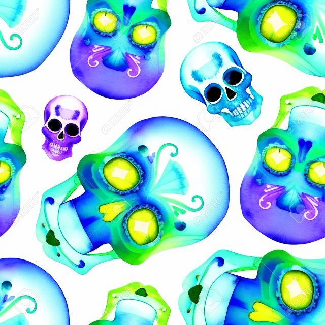 Watercolor skull seamless vector pattern