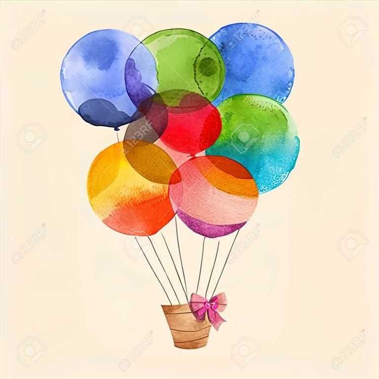 Beautiful vector illustration with hand drawn watercolor rainbow colourful air baloons