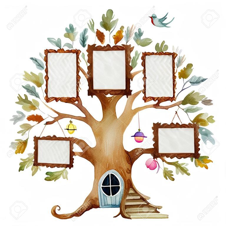 Watercolor tree house with frames