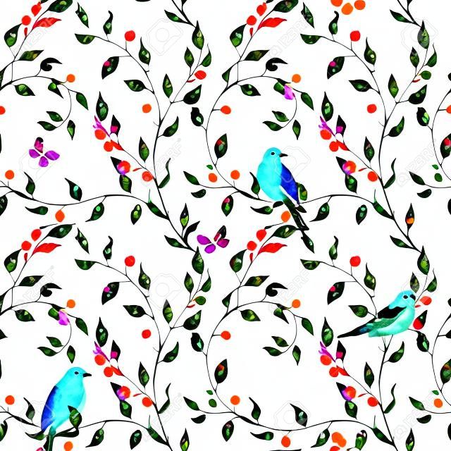 Beautiful seamless vector pattern with hand drawn watercolor flowers and birds