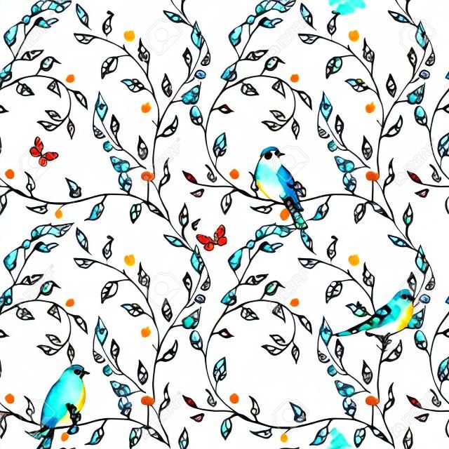 Beautiful seamless vector pattern with hand drawn watercolor flowers and birds
