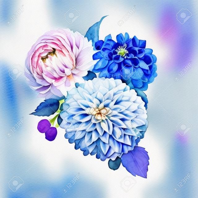 Beautiful bouquet composition with watercolor blue hydrengea and dahlia flowers and blackberry.