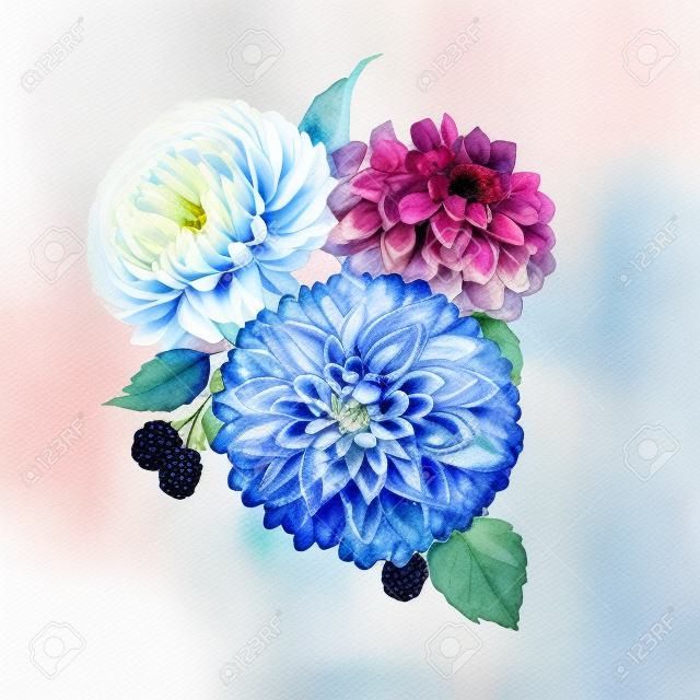 Beautiful bouquet composition with watercolor blue hydrengea and dahlia flowers and blackberry.