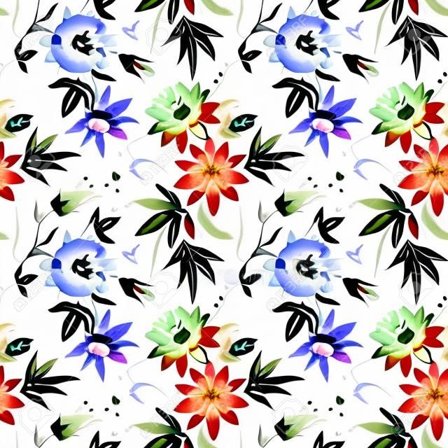 Beautiful vector seamless floral pattern with watercolor summer passionflower flowers. Stock illustration.