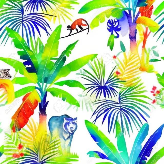 Beautiful pattern with watercolor tropical palms and jungle animals