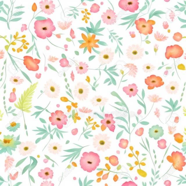 Beautiful vector seamless floral pattern with watercolor hand drawn gentle summer flowers. Stock illustration. Natural artwork.