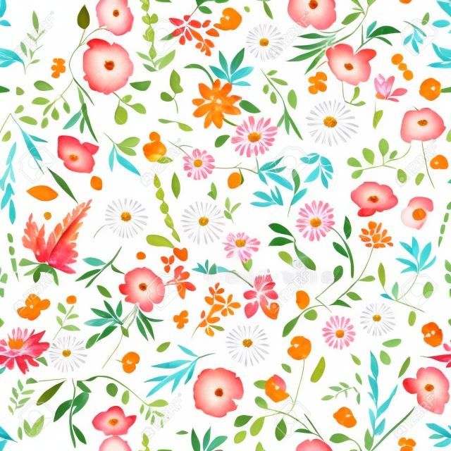 Beautiful vector seamless floral pattern with watercolor hand drawn gentle summer flowers. Stock illustration. Natural artwork.