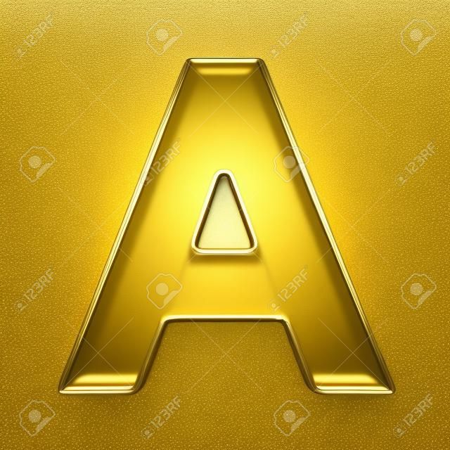 3d rendering of the letter A in gold metal on a white isolated background.
