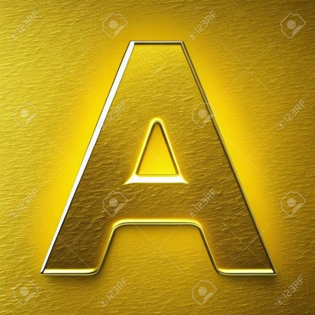 3d rendering of the letter A in gold metal on a white isolated background.