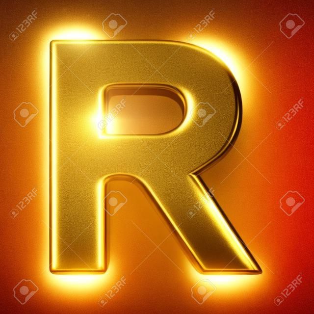 representación 3D de la letra R en el metal de oro sobre un fondo blanco aislado de fondo.