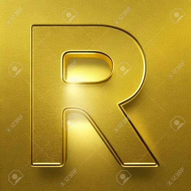 representación 3D de la letra R en el metal de oro sobre un fondo blanco aislado de fondo.