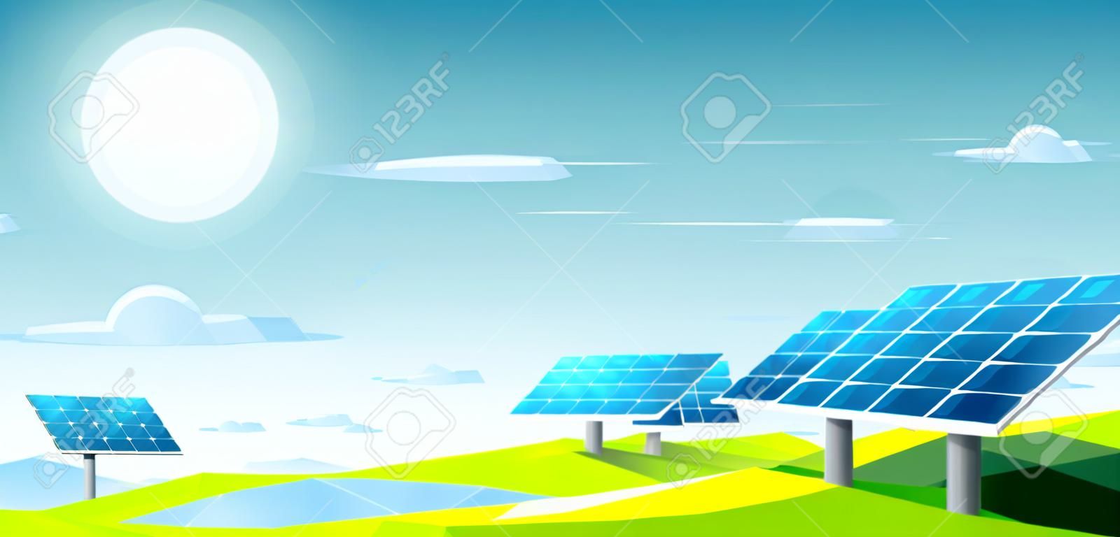 Paisagem poligonal com painéis solares sob o calor do sol para uso energético. Conceito ecológico.