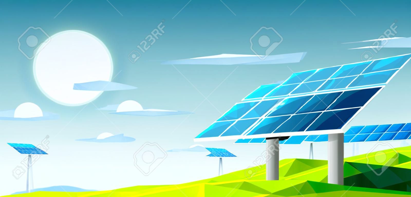 Paisagem poligonal com painéis solares sob o calor do sol para uso energético. Conceito ecológico.
