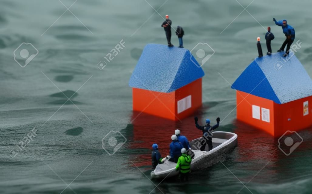 Diorama of rescuers heading to rescue by boat with people unable to evacuate because of flood damage
