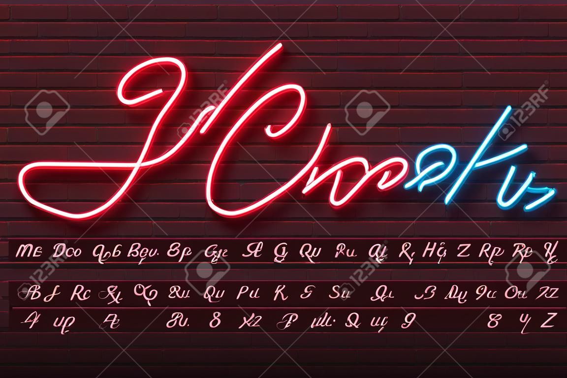 Glowing neon light script alphabet