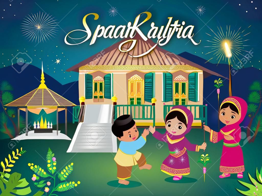 ilustración vectorial con linda familia musulmana divirtiéndose con bengalas y casa de pueblo tradicional malayo. Palabra malaya "selamat hari raya aidilfitri" que se traduce en desearte un feliz hari raya.