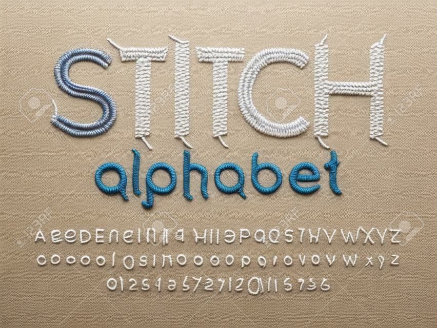 Stitched alphabet design with thread, embroidery letters with uppercase, lowercase, numbers and symbol
