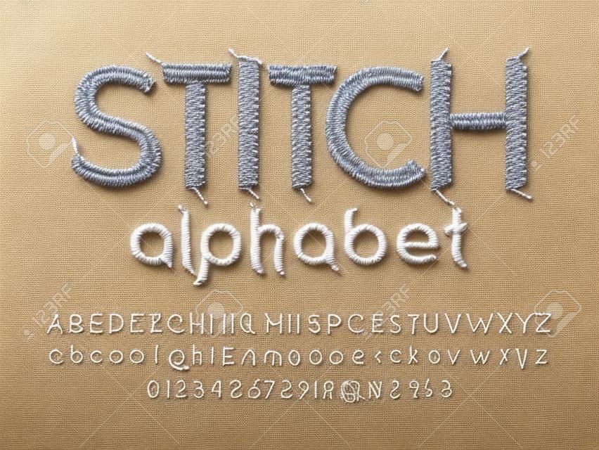 Conception d'alphabet cousu avec du fil, des lettres de broderie avec des majuscules, des minuscules, des chiffres et des symboles