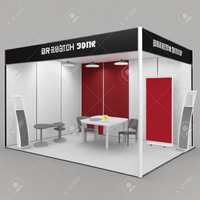 Vector Üres kereskedelmi kiállítási stand stand asztal és szék, info tábla, roll up, szórólapok és prospektusok az asztalra. Divatos vázlat stílus