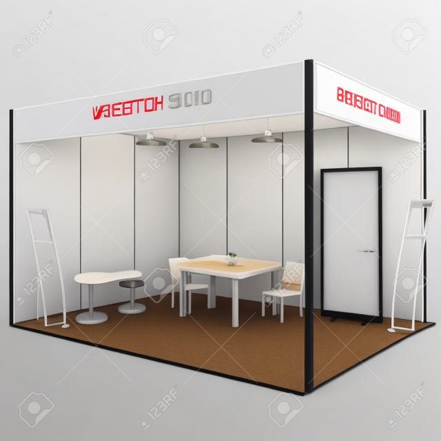 Vector Üres kereskedelmi kiállítási stand stand asztal és szék, info tábla, roll up, szórólapok és prospektusok az asztalra. Divatos vázlat stílus