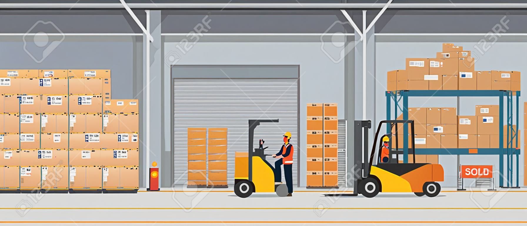Intérieur de l'entrepôt avec des boîtes sur rack et des personnes qui travaillent. Concept de service de livraison logistique de style plat et de couleur unie. Illustration vectorielle.