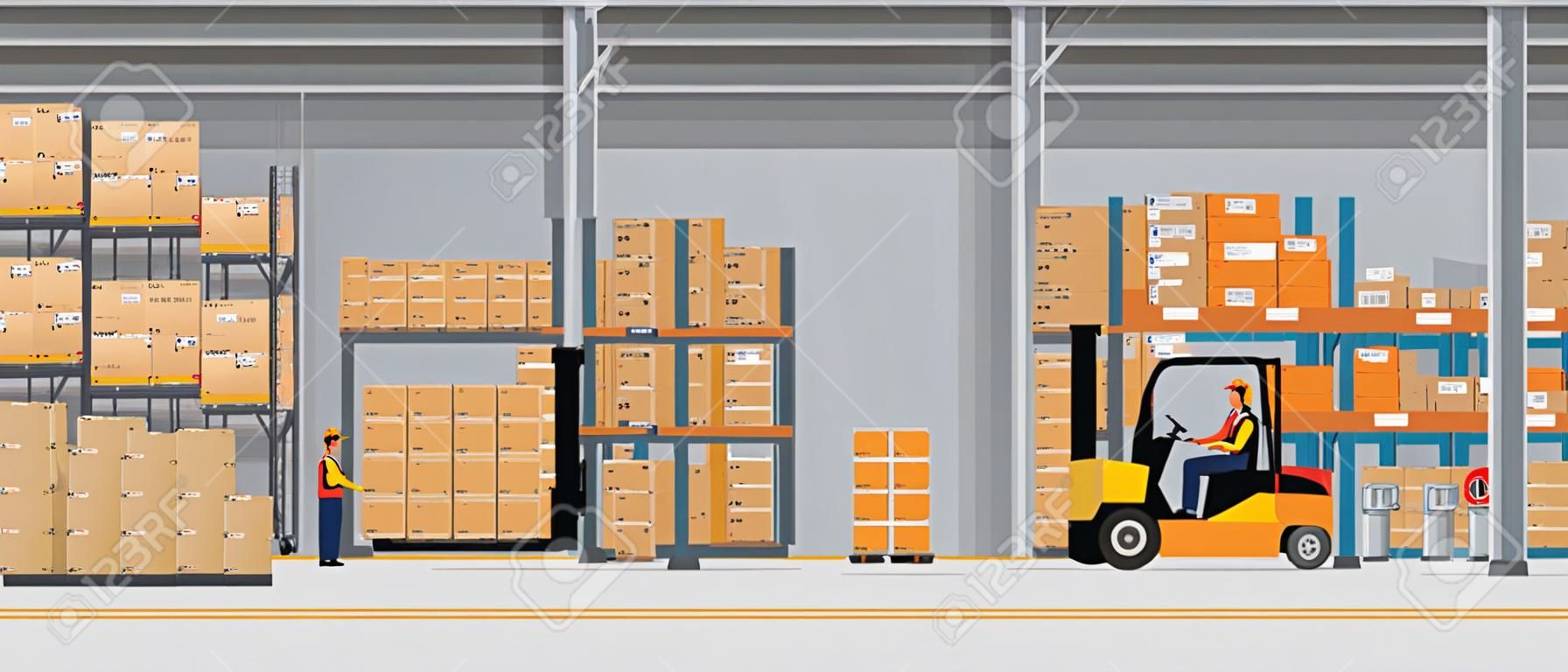 Interior del almacén con cajas en rack y gente trabajando. Concepto de servicio de entrega logística de estilo plano y de color sólido. Ilustración de vector.