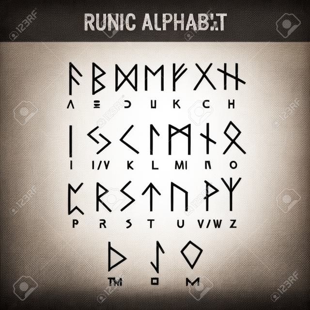 Runic Alphabet table and its Latin letter interpretation. Vector illustration.