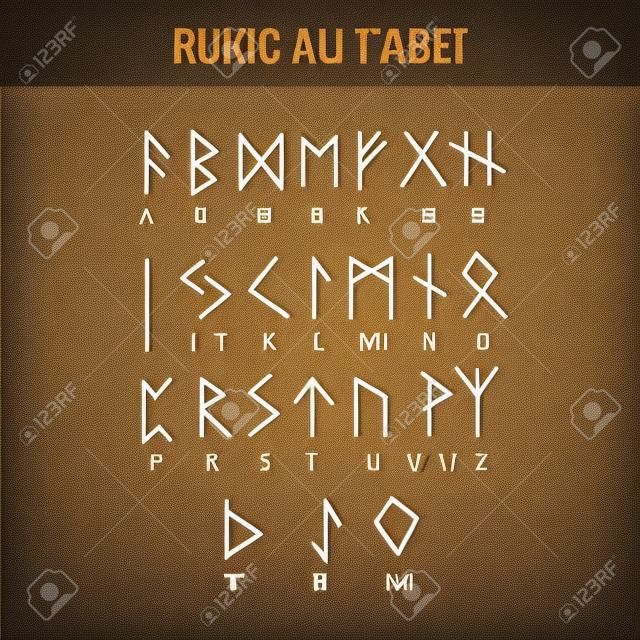 Tabela rúnica do alfabeto e sua interpretação latina da letra. Ilustração vetorial.