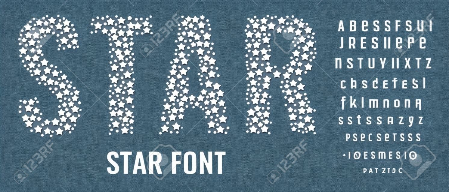 Set di lettere fatte di stelle. Font creativi con maiuscole, minuscole, numeri e simboli. Illustrazione vettoriale piatto.