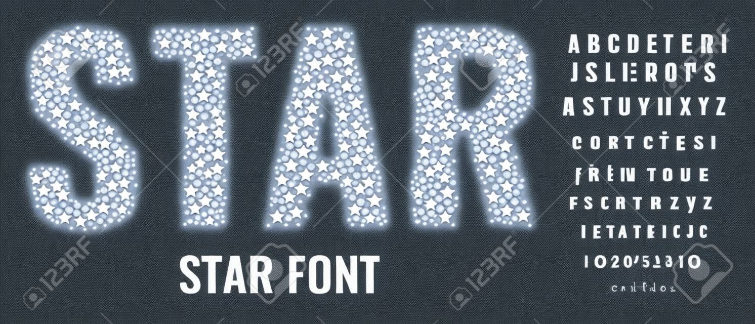 Set di lettere fatte di stelle. Font creativi con maiuscole, minuscole, numeri e simboli. Illustrazione vettoriale piatto.