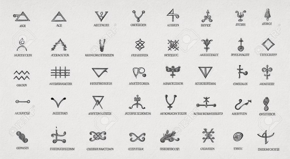 Een set van alchemische symbolen geïsoleerd op wit. Hand getekende elementen voor design. Mystieke, esoterische, occulte thema.