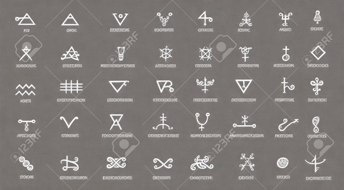 Um conjunto de símbolos alquímicos isolados no branco. Elementos desenhados à mão para design. Tema místico, esotérico e oculto.