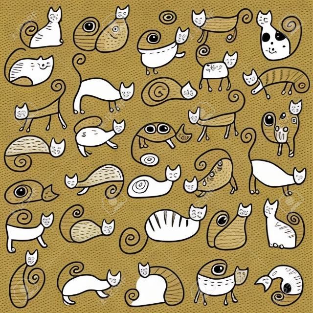Set of odd funny primitive style cats. Freehand drawing, line art, black and white doodle style icon. Cute cats expressing different emotions.