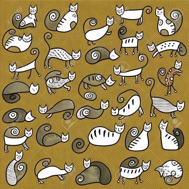 Set of odd funny primitive style cats. Freehand drawing, line art, black and white doodle style icon. Cute cats expressing different emotions.