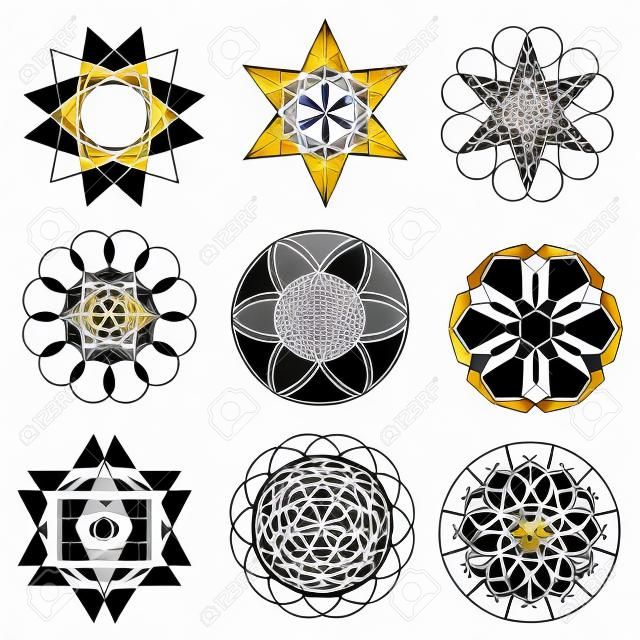 Set of abstract geometric  elements and shapes on white background. Sacred geometry, esoteric symbols. Use for banknote, currency, logos voucher or money design.