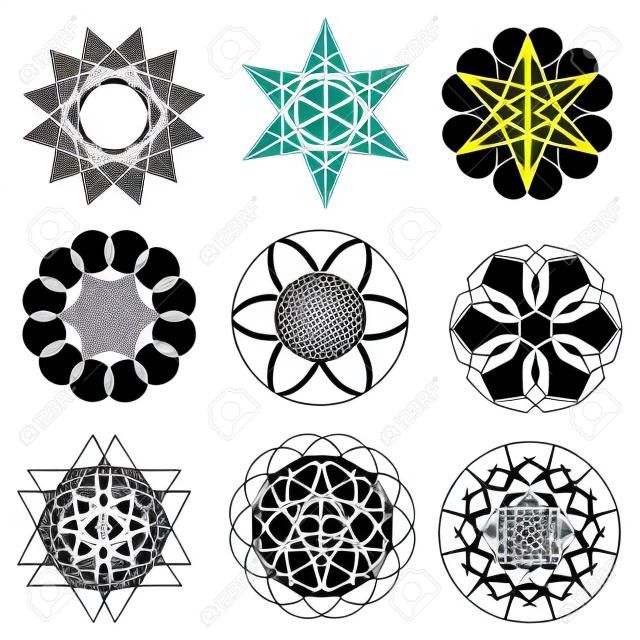 Set of abstract geometric  elements and shapes on white background. Sacred geometry, esoteric symbols. Use for banknote, currency, logos voucher or money design.