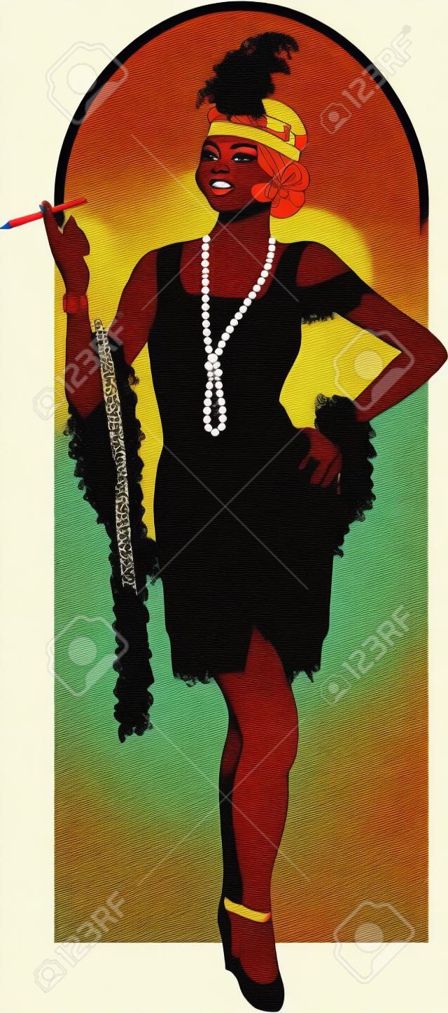 Rétro caractère attrayant starlette afroamerican dessin avec couleur au trait