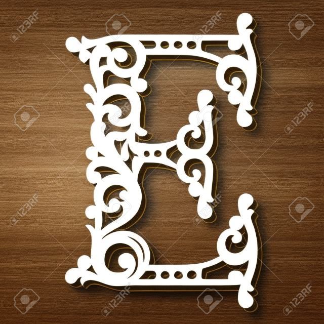 Laser cut template. Initial monogram letters. Fancy floral alphabet letter. May be used for paper cutting. Floral wooden alphabet font letter. Filigree cutout pattern. Vector illustration