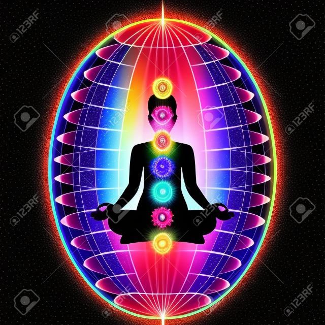 Human aura with seven sparkling chakras, vector